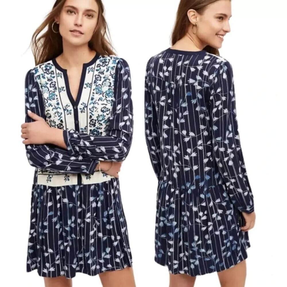 TINY Anthropologie Sz Blue Floral Embroidered‎ Long Sleeve Tunic Shirt Dress